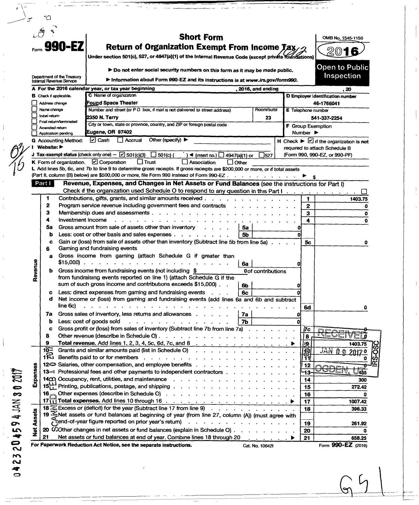 Image of first page of 2016 Form 990EZ for The Actors Table of Eugene