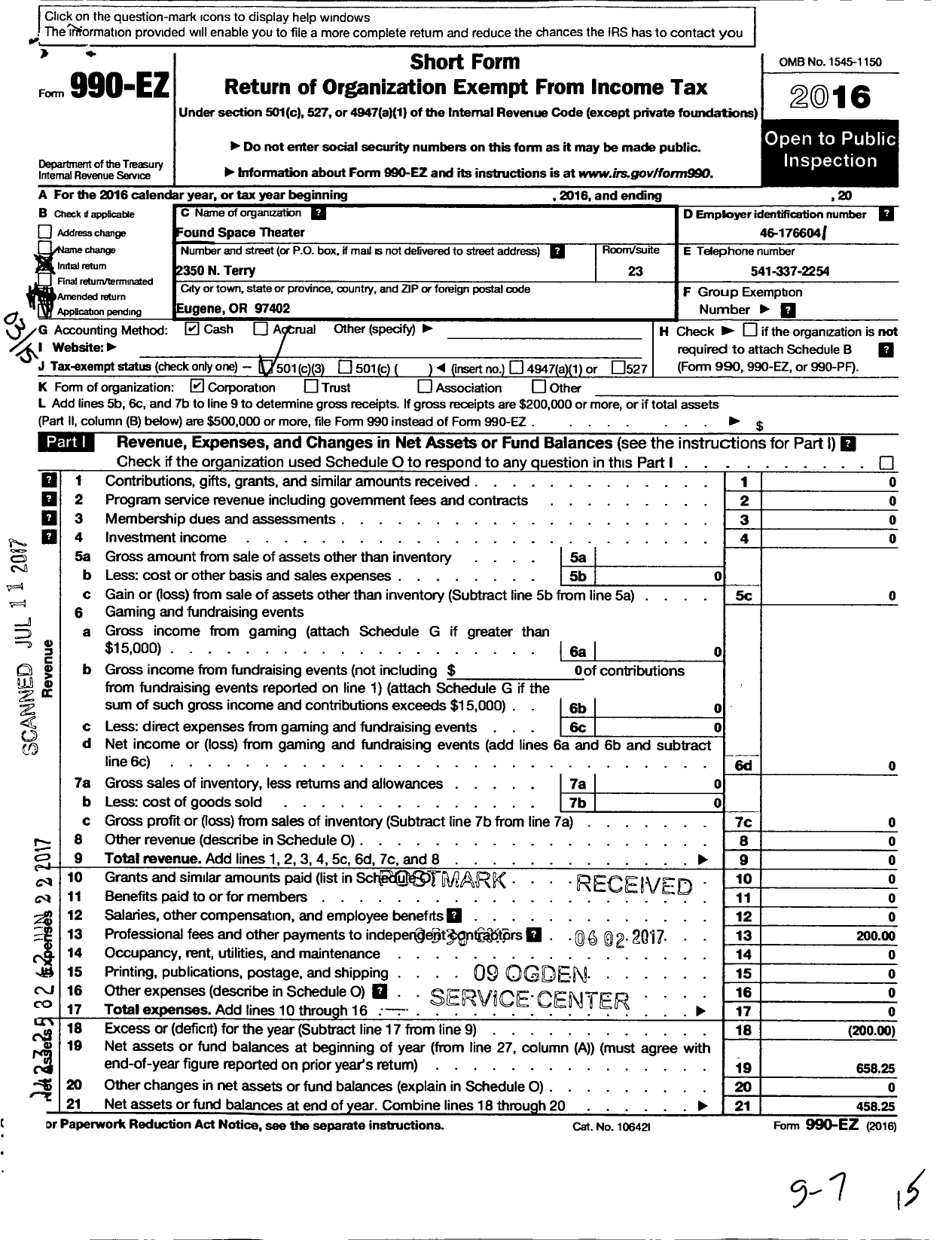 Image of first page of 2016 Form 990EZ for The Actors Table of Eugene