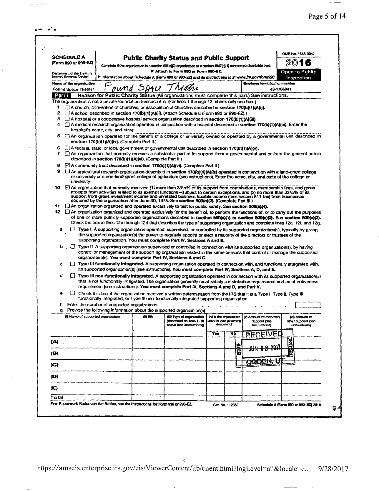 Image of first page of 2016 Form 990ER for The Actors Table of Eugene