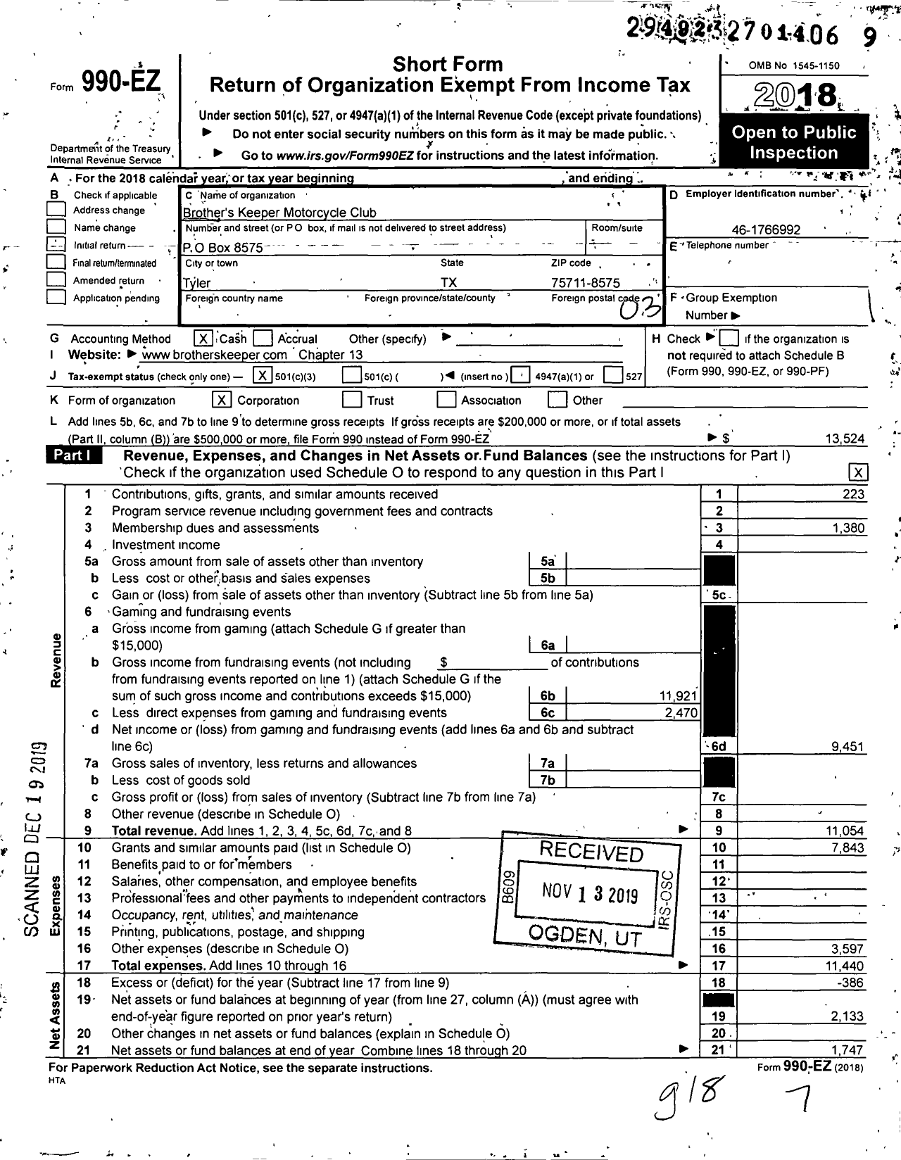 Image of first page of 2018 Form 990EZ for Brother's Keeper Motorcycle Club