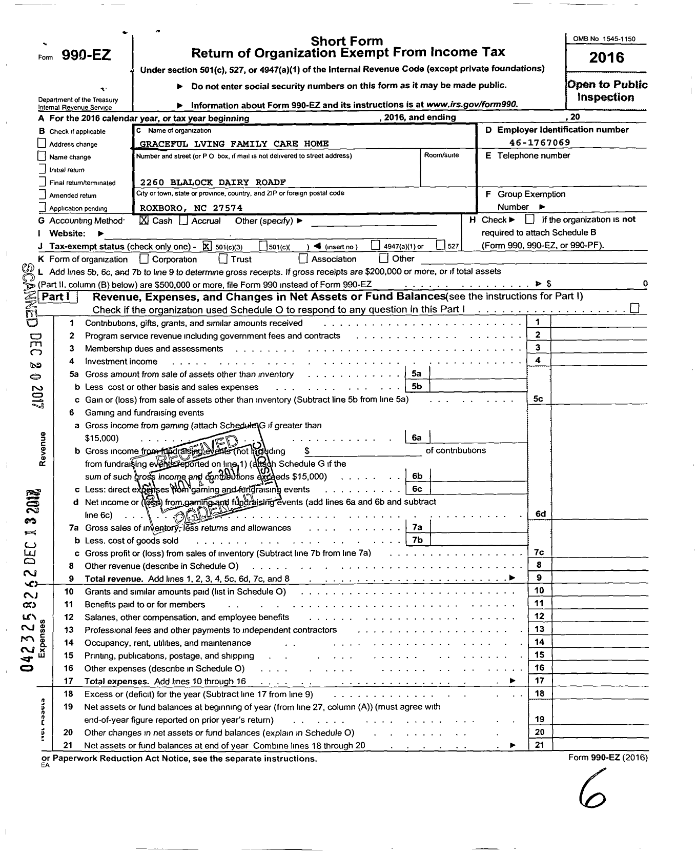 Image of first page of 2016 Form 990EZ for Graceful Living Family Care Home