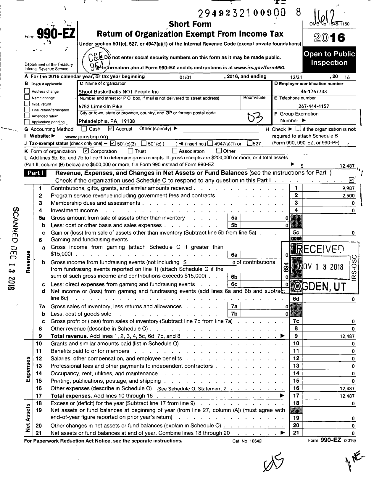 Image of first page of 2016 Form 990EZ for Shoot Basketballs NOT People