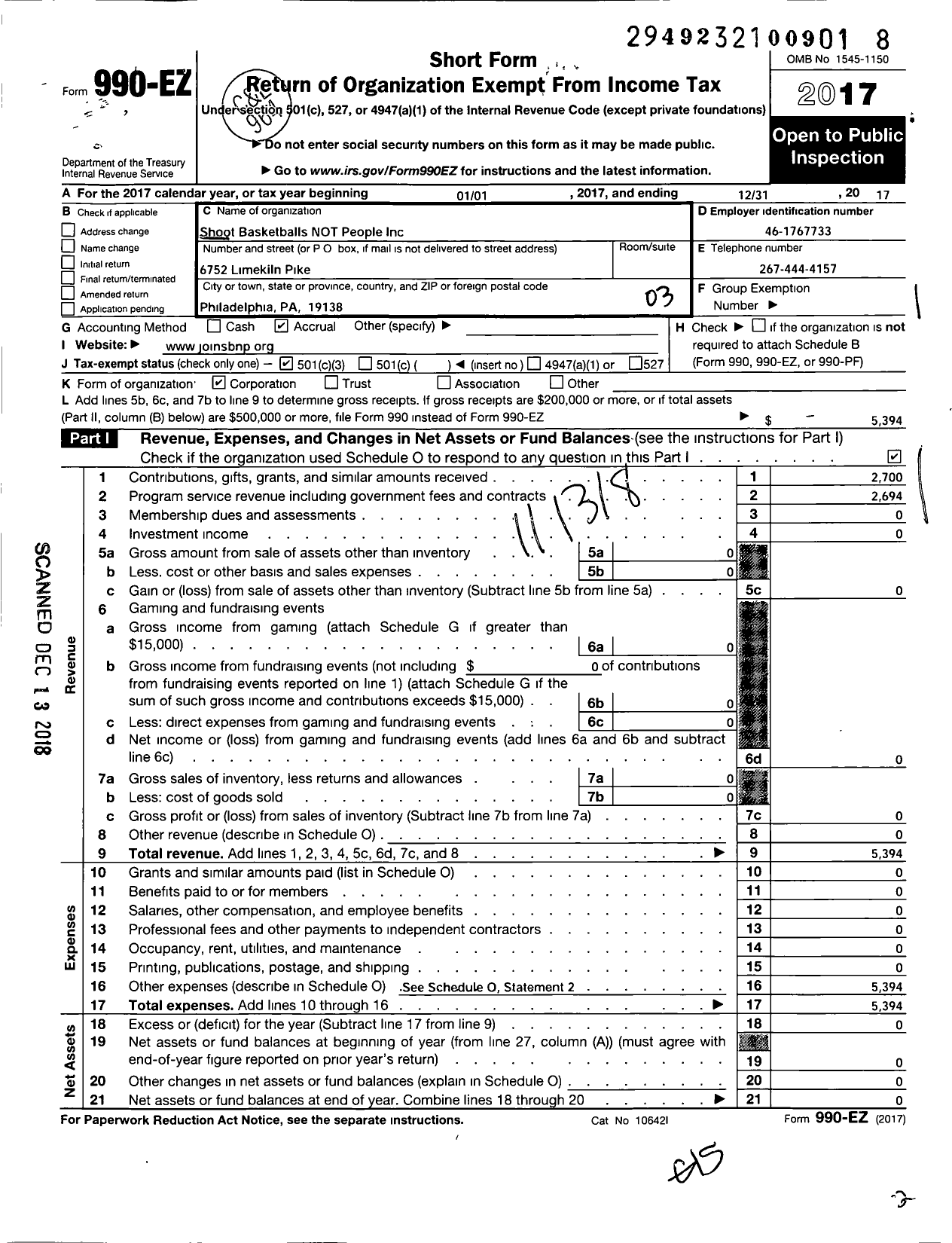 Image of first page of 2017 Form 990EZ for Shoot Basketballs NOT People