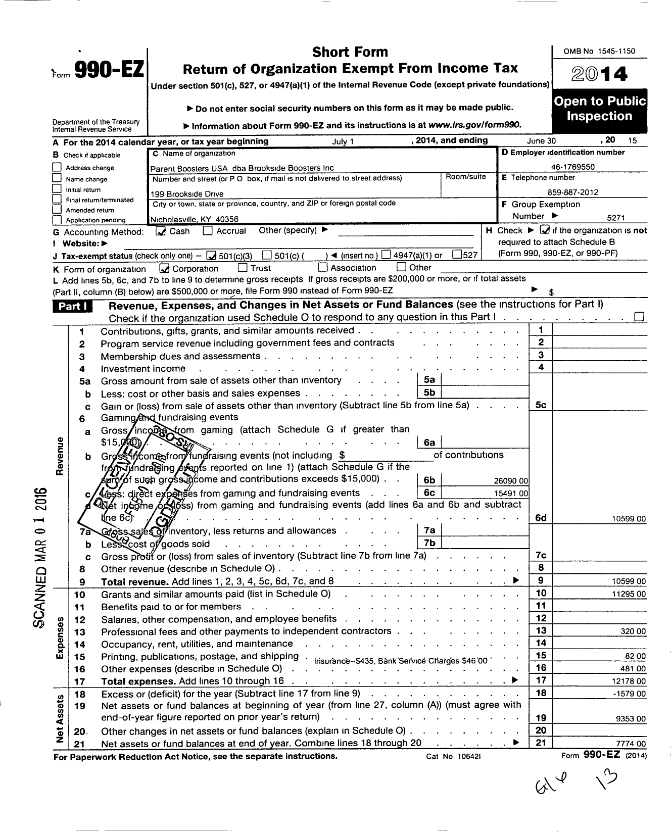 Image of first page of 2014 Form 990EZ for Parent Booster USA / Brookside Boosters