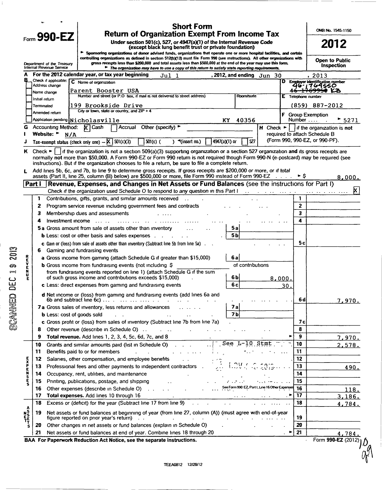 Image of first page of 2012 Form 990EZ for Parent Booster USA / Brookside Boosters