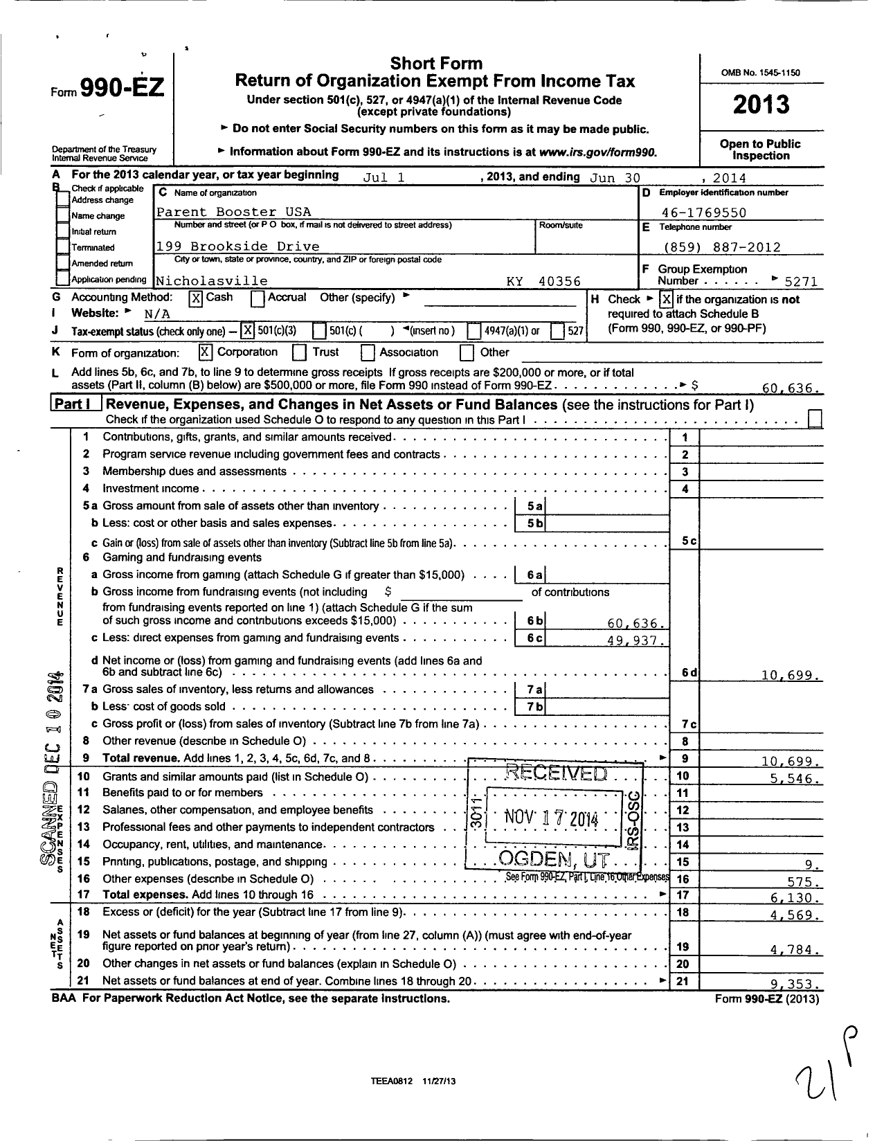 Image of first page of 2013 Form 990EZ for Parent Booster USA / Brookside Boosters