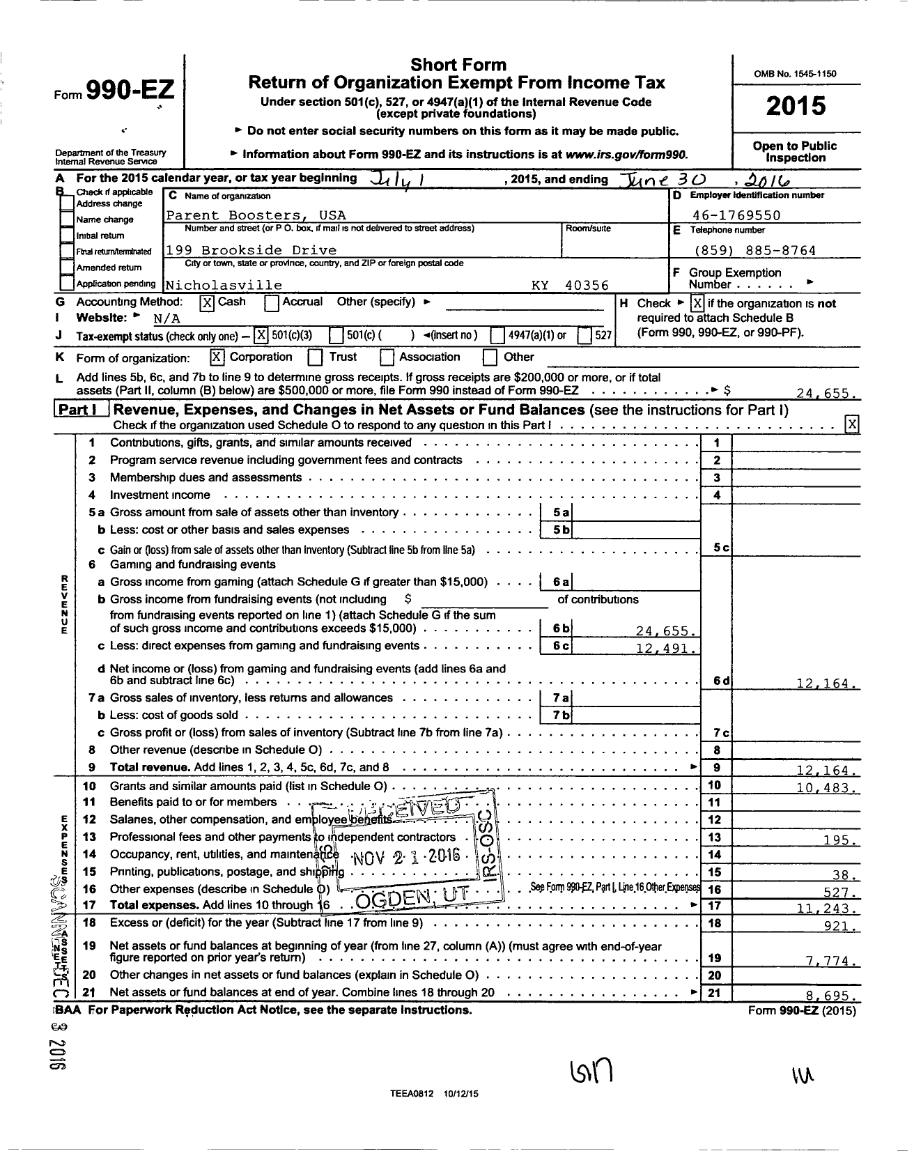 Image of first page of 2015 Form 990EZ for Parent Booster USA / Brookside Boosters