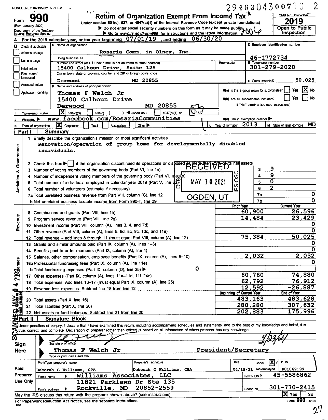 Image of first page of 2019 Form 990 for Rosaria Comm in Olney