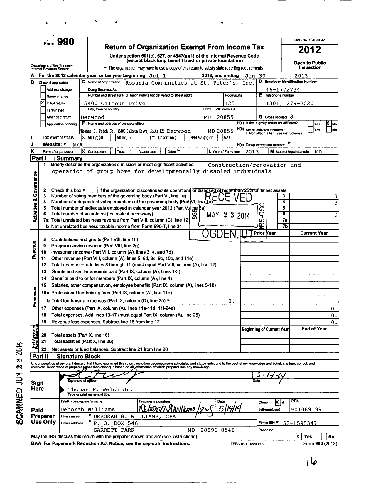 Image of first page of 2012 Form 990 for Rosaria Comm in Olney