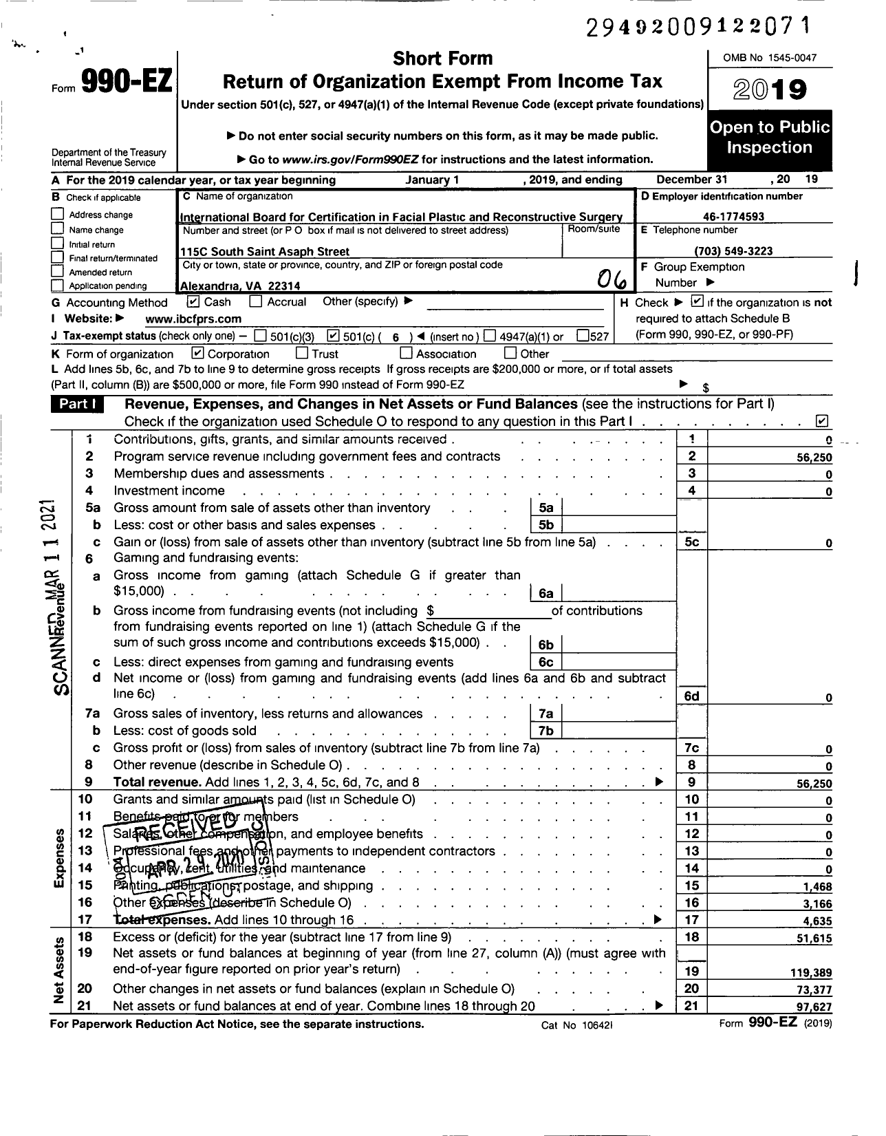 Image of first page of 2019 Form 990EO for International Board for Certification in Facial Plastic and