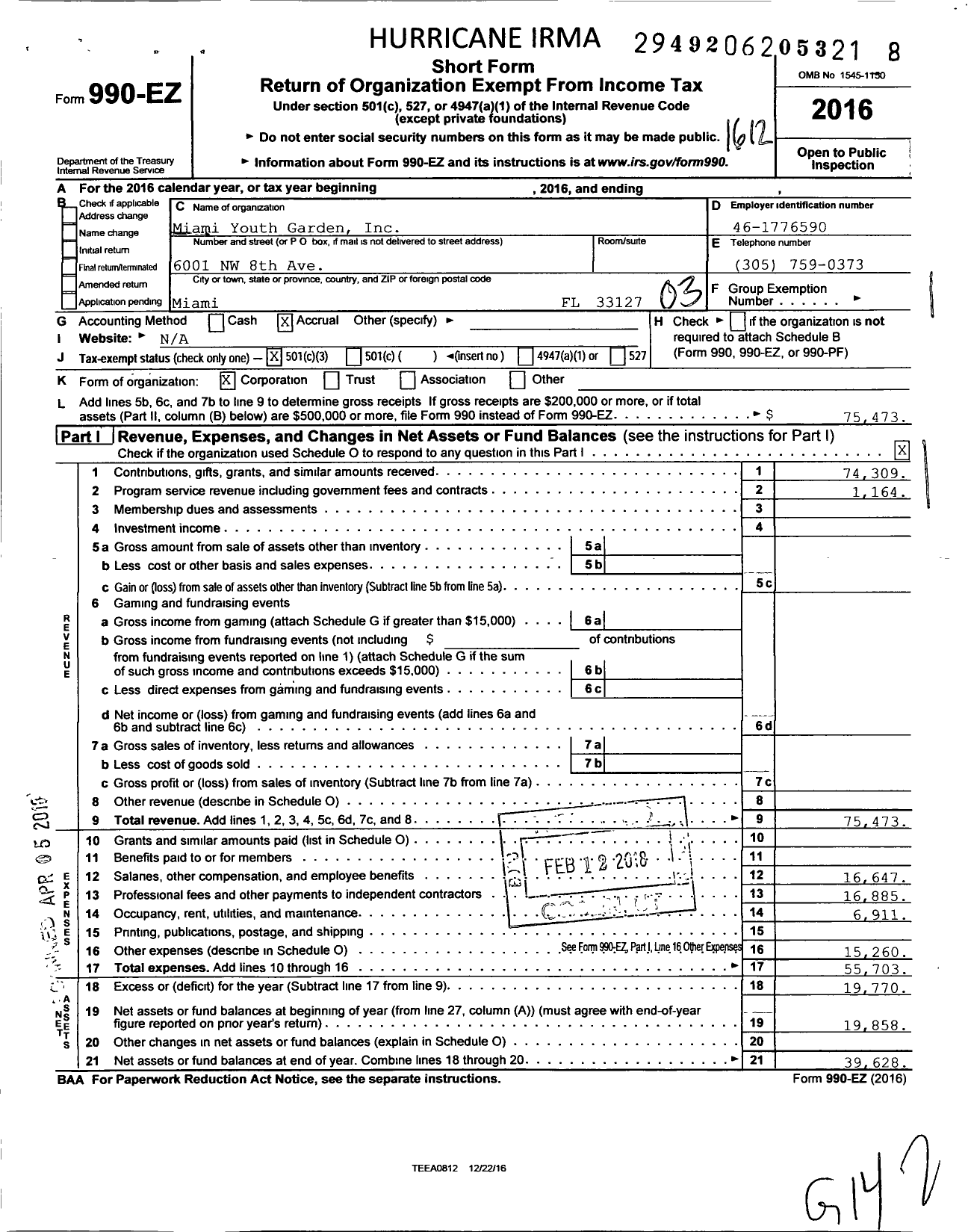 Image of first page of 2016 Form 990EZ for Miami Youth Garden