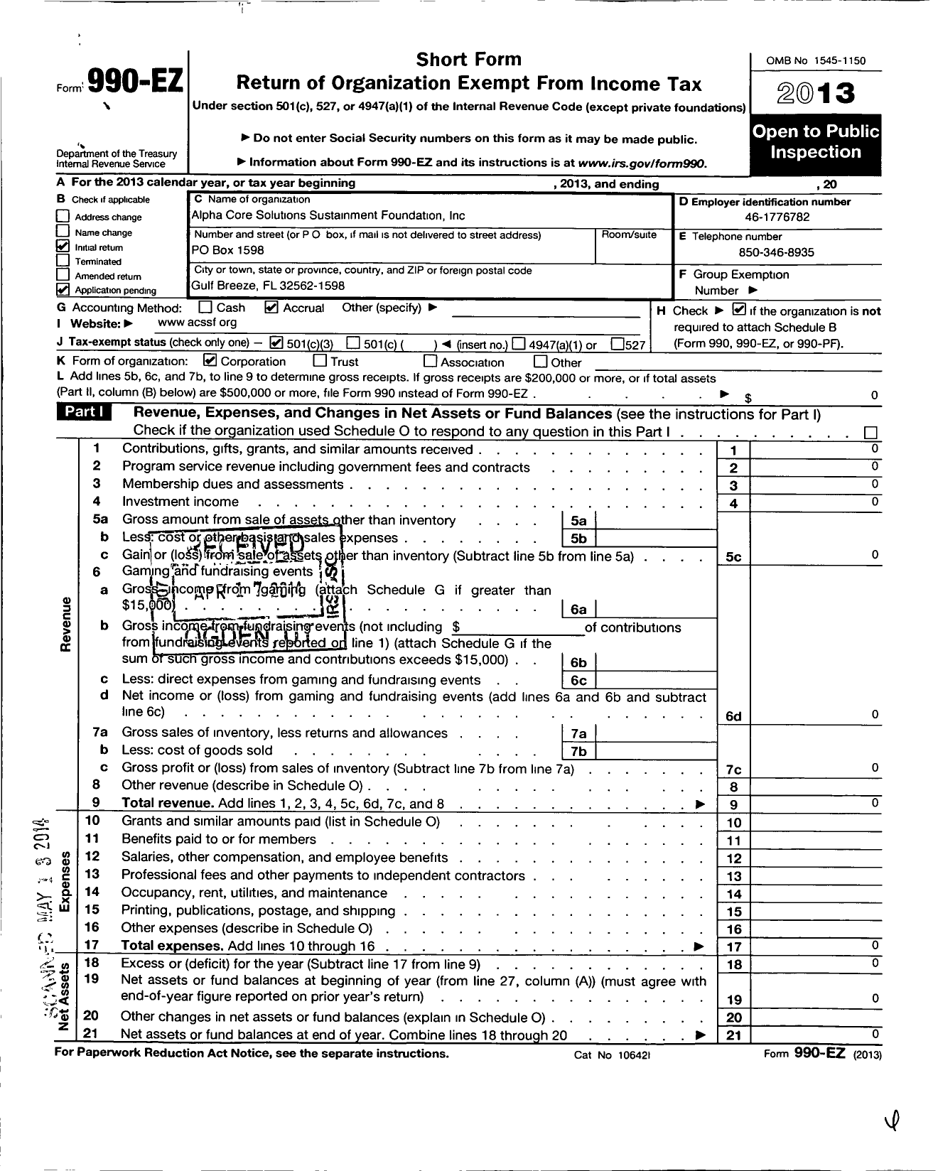 Image of first page of 2013 Form 990EZ for Alpha Core Solutions Sustainment Foundation