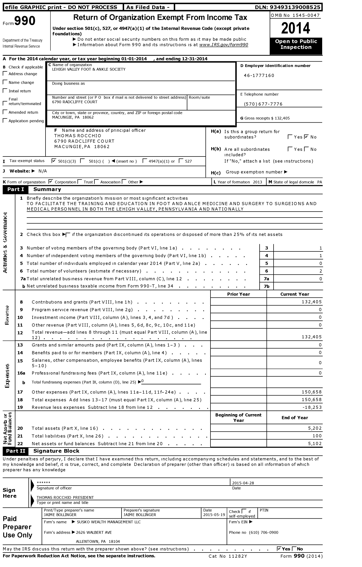 Image of first page of 2014 Form 990 for Lehigh Valley Foot and Ankle Society