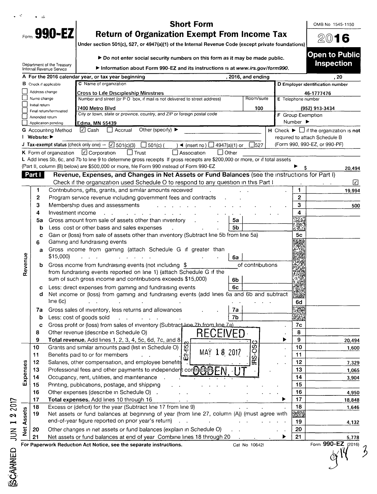 Image of first page of 2016 Form 990EZ for Cross to Life Discipleship Ministries