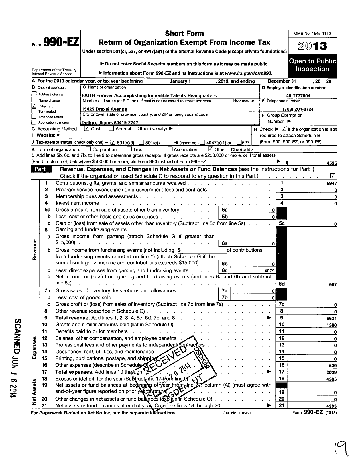 Image of first page of 2013 Form 990EZ for F A I T H Forever Accomplishing Incredible Talents Headquarter