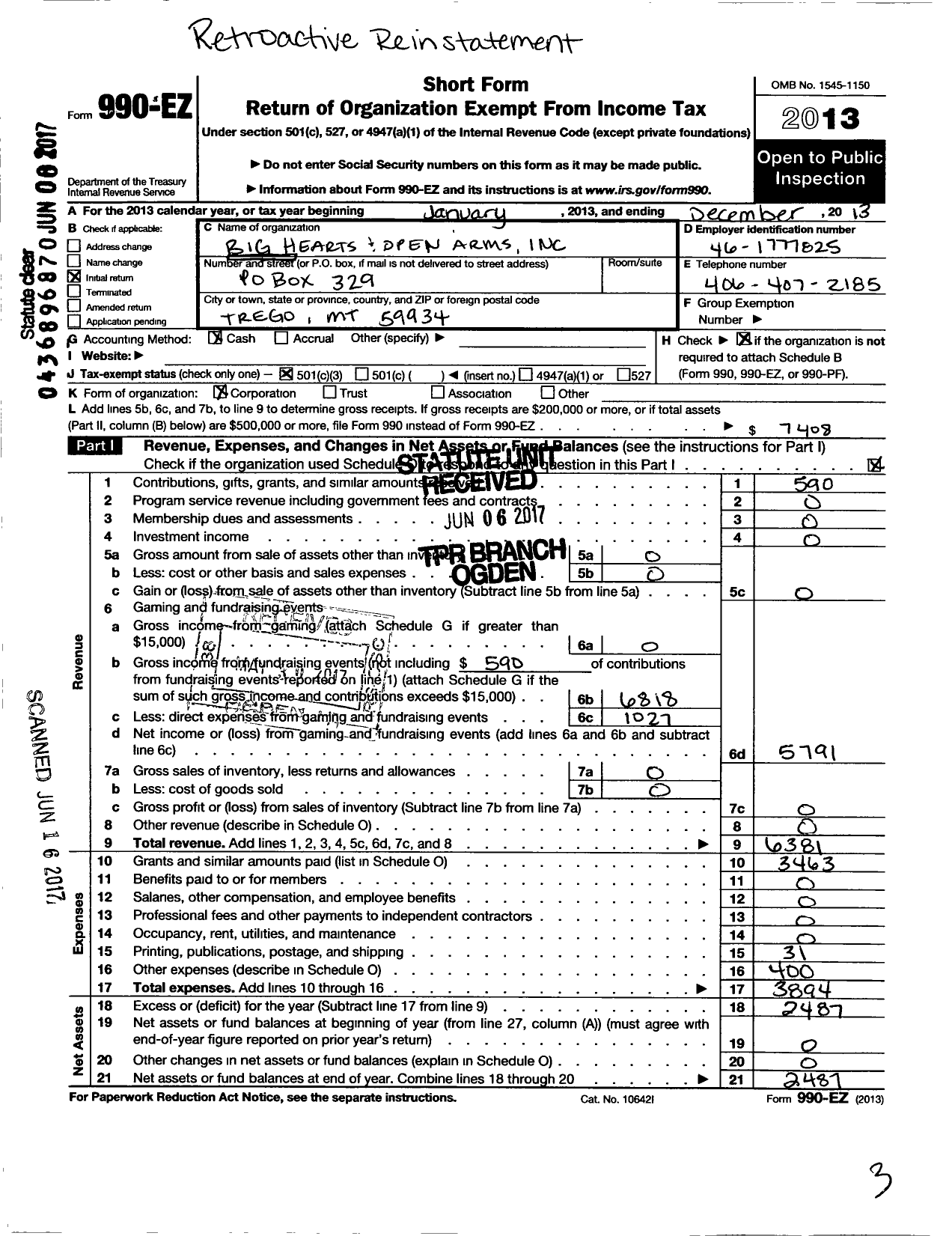 Image of first page of 2013 Form 990EZ for Big Hearts and Open Arms