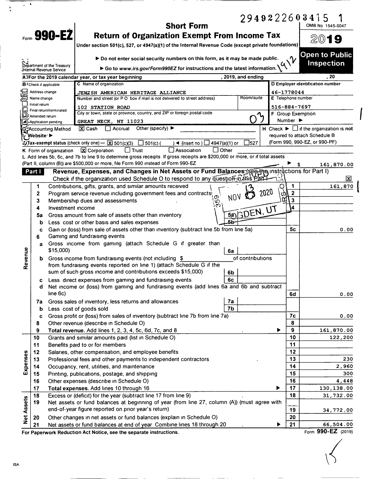 Image of first page of 2019 Form 990EZ for Jewish American Heritage Alliance