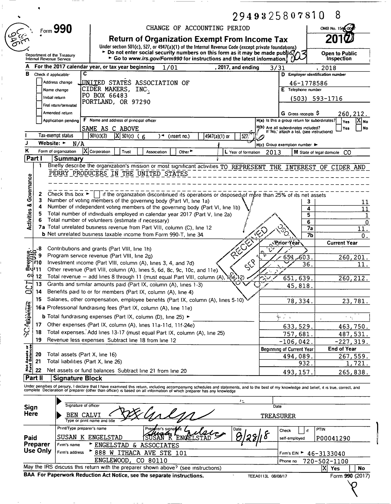 Image of first page of 2017 Form 990O for United States Association of Cider Makers