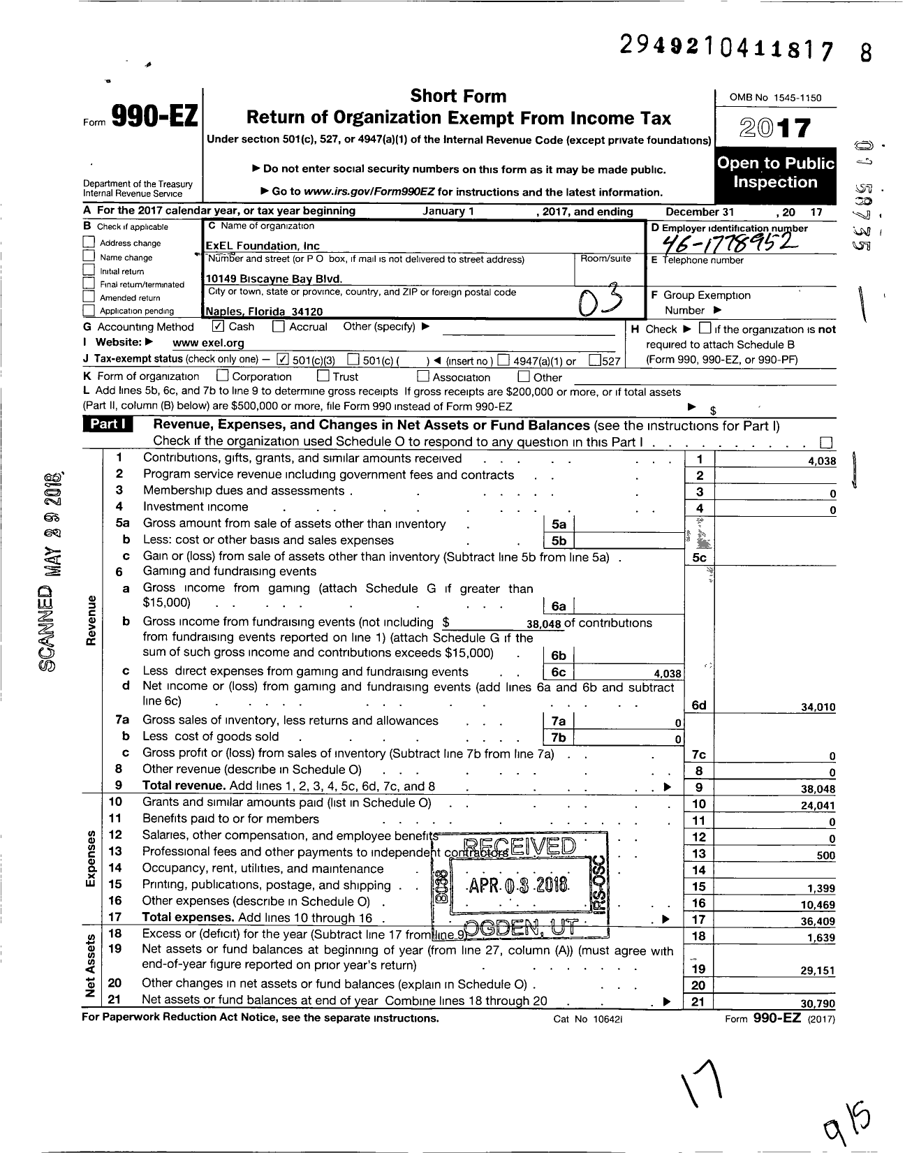 Image of first page of 2017 Form 990EZ for Exel Foundation