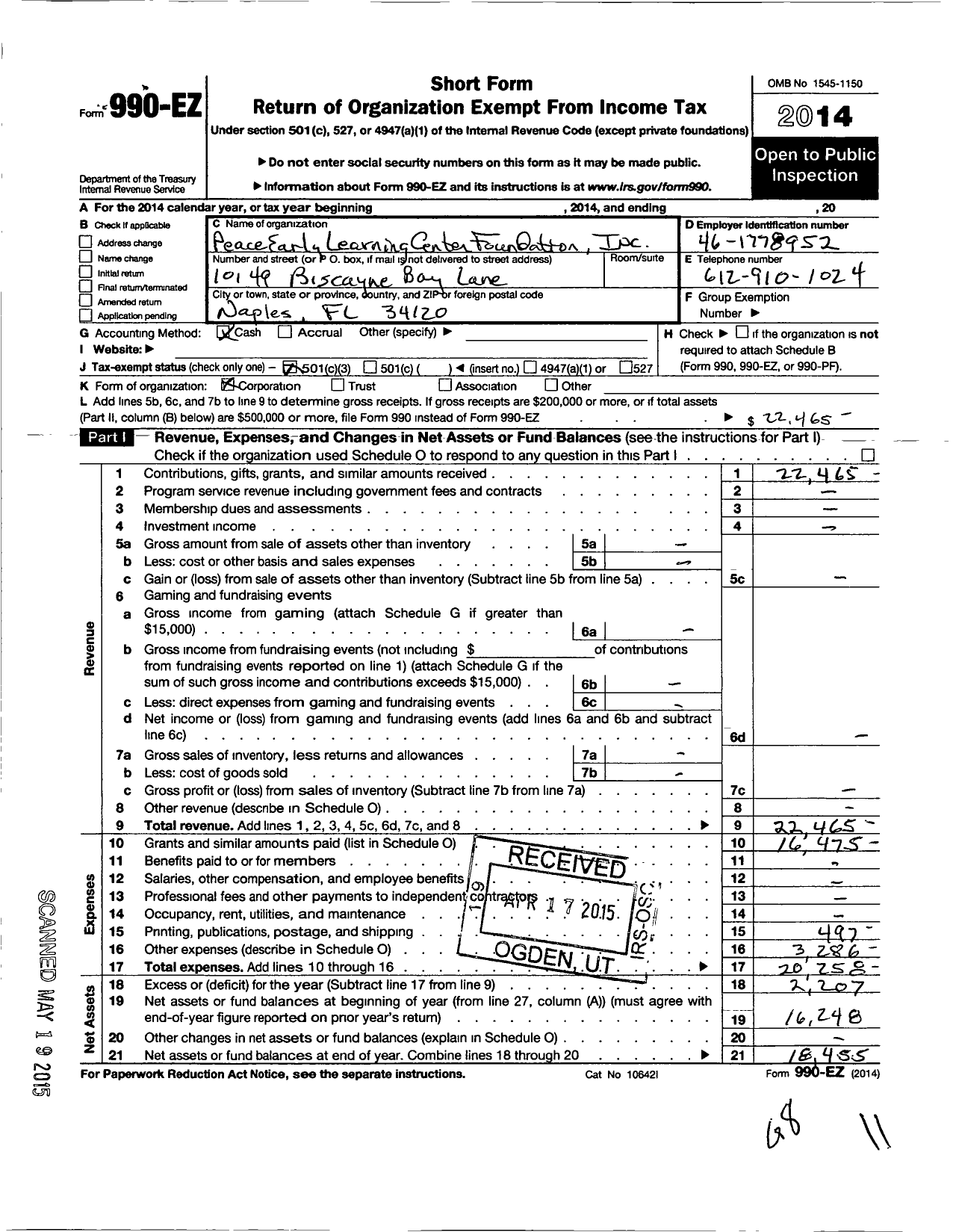 Image of first page of 2014 Form 990EZ for Exel Foundation