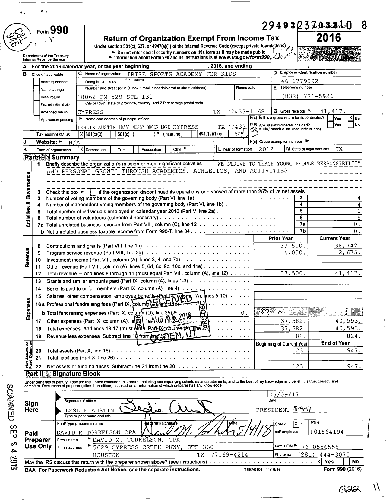 Image of first page of 2016 Form 990 for Irise Sports Academy for Kids