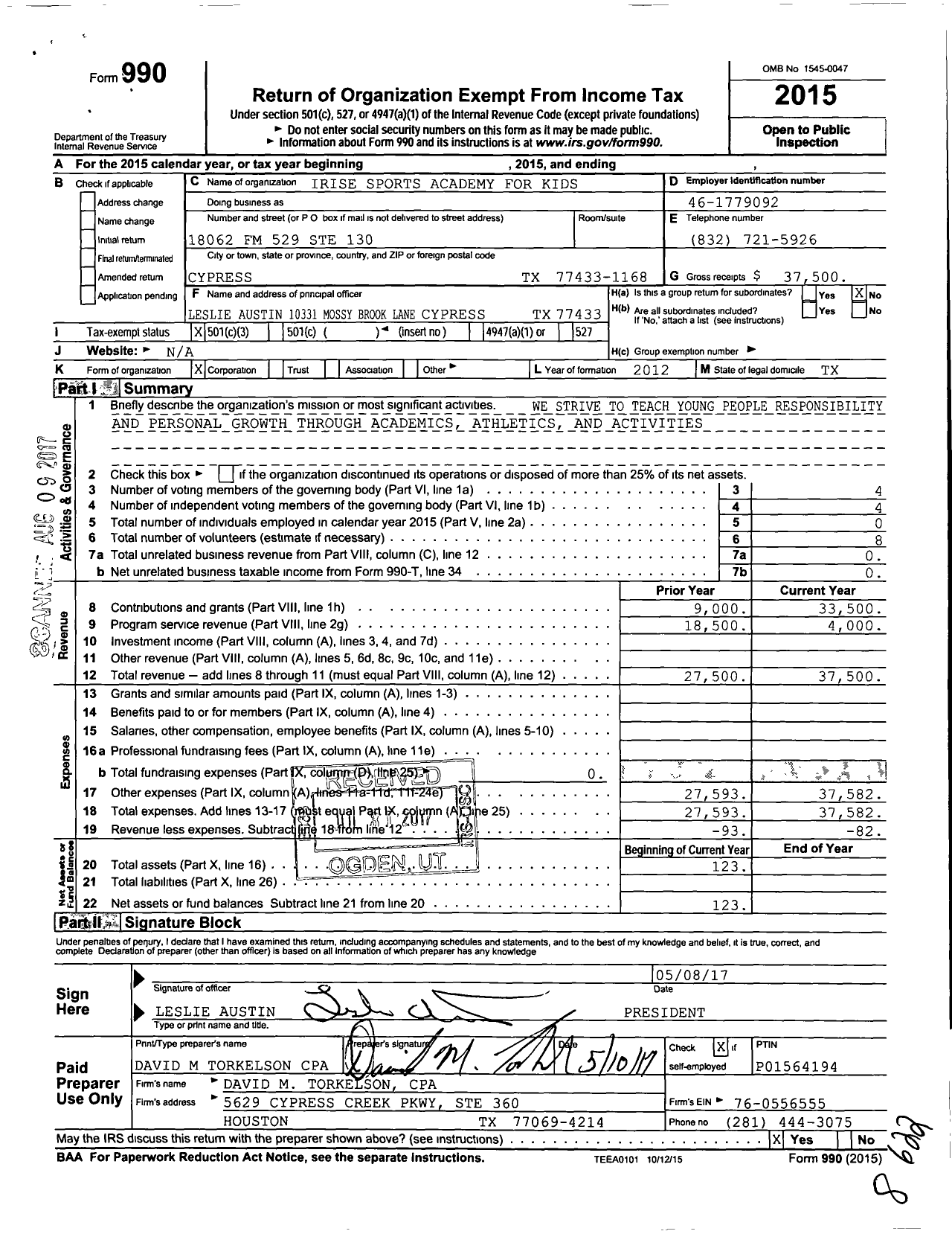 Image of first page of 2015 Form 990 for Irise Sports Academy for Kids