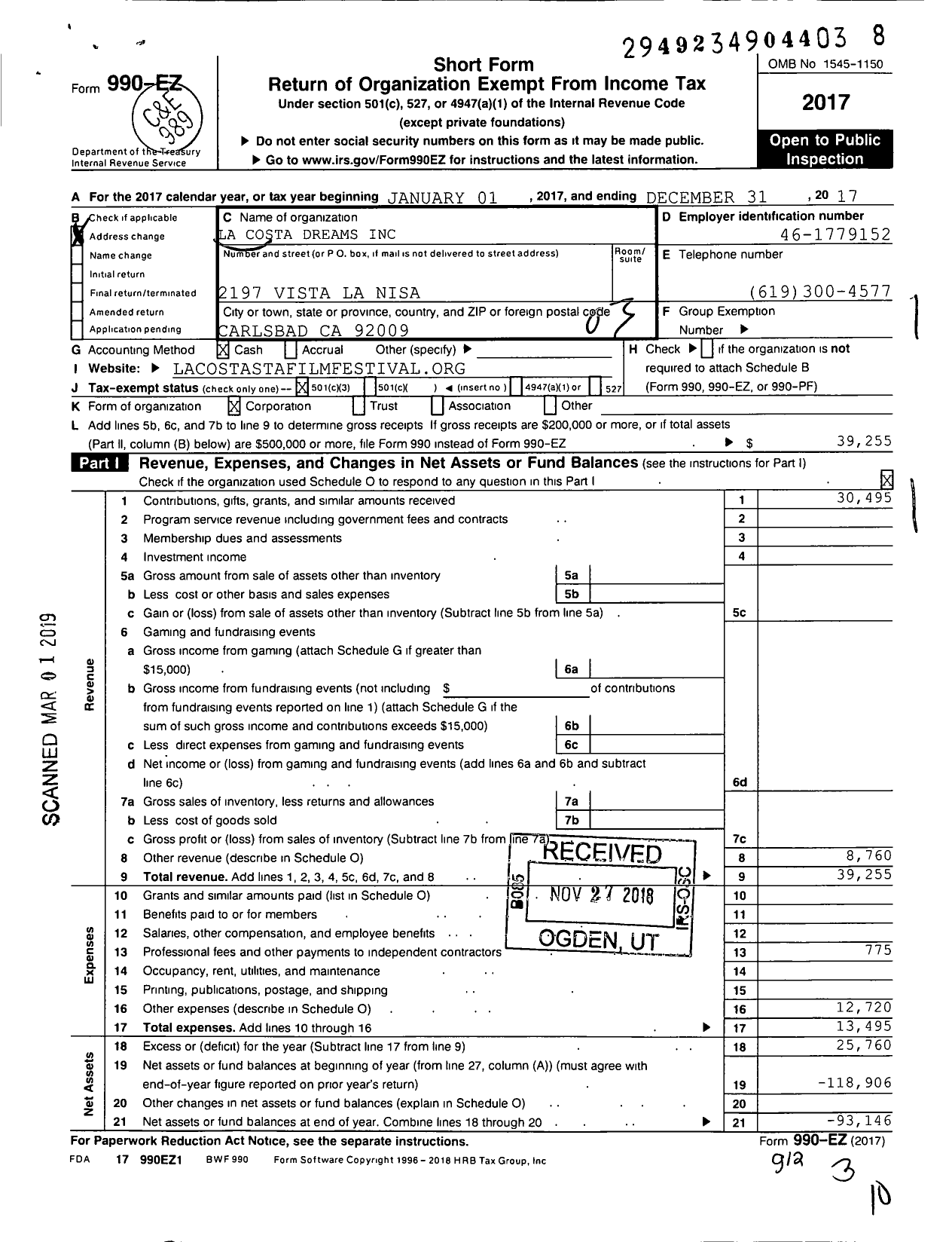 Image of first page of 2017 Form 990EZ for La Costa Dreams