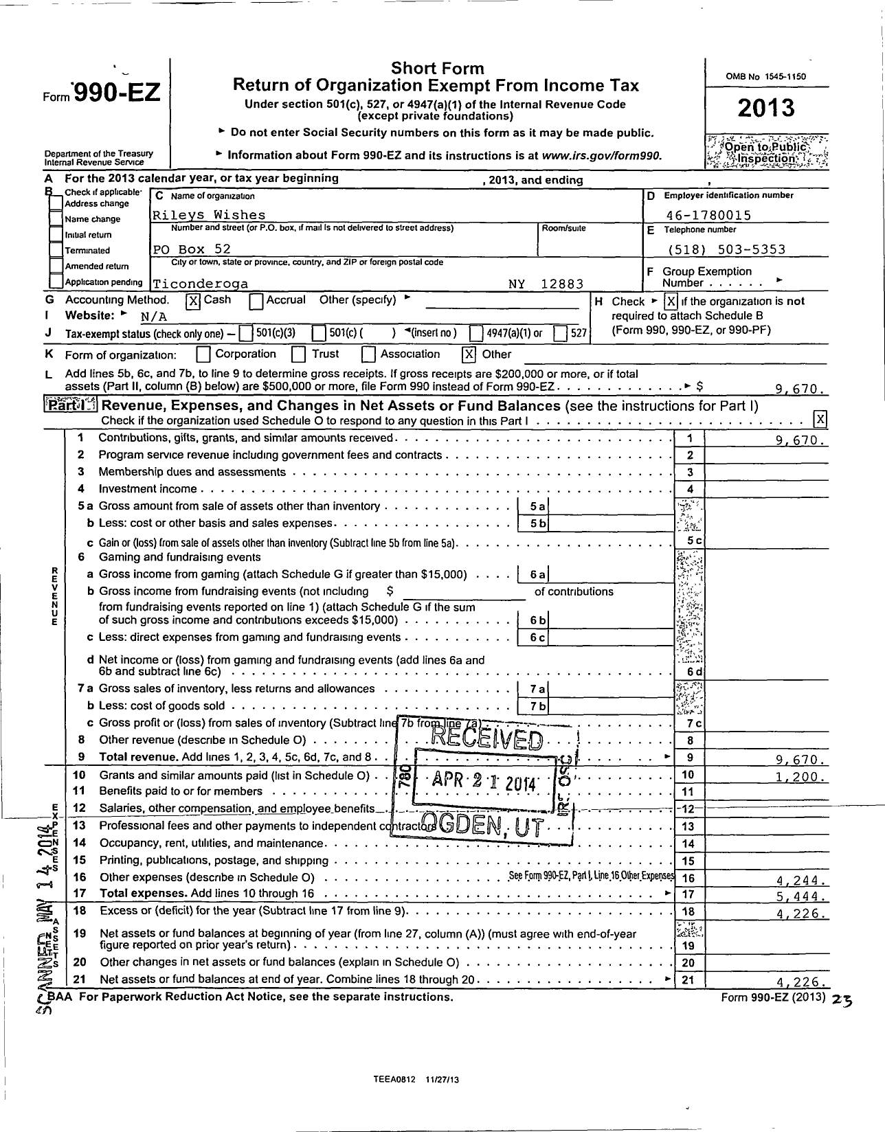 Image of first page of 2013 Form 990EO for Rileys Wishes