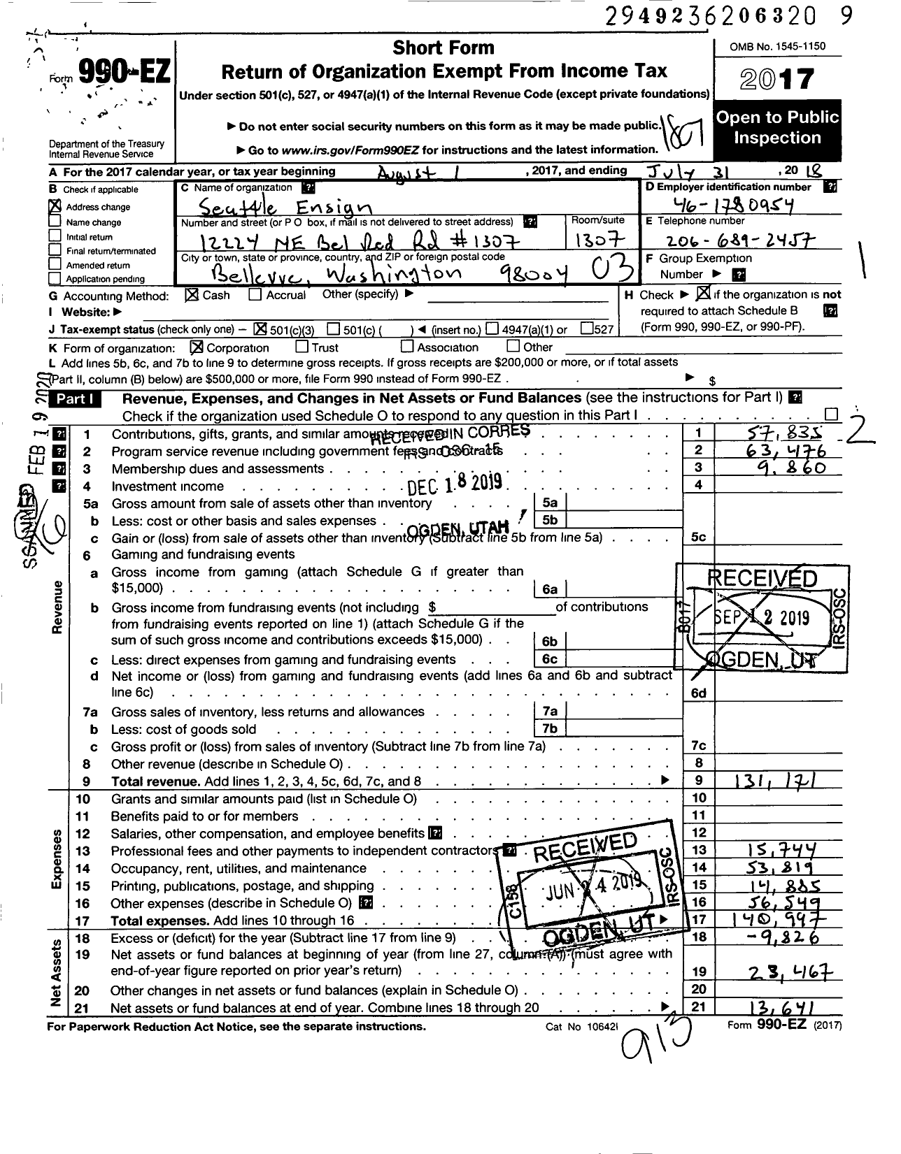 Image of first page of 2017 Form 990EZ for Seattle Ensign