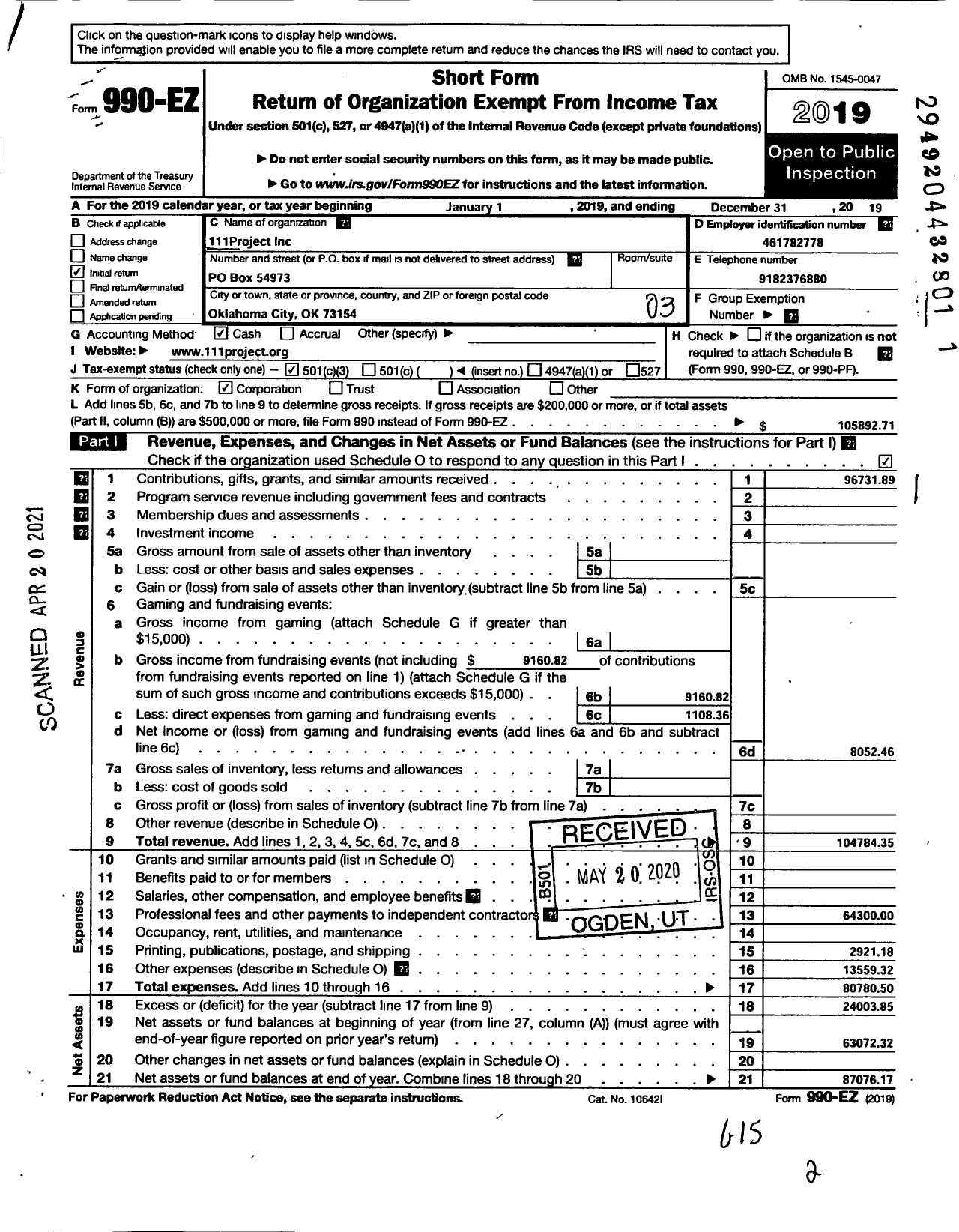 Image of first page of 2019 Form 990EZ for 111Project