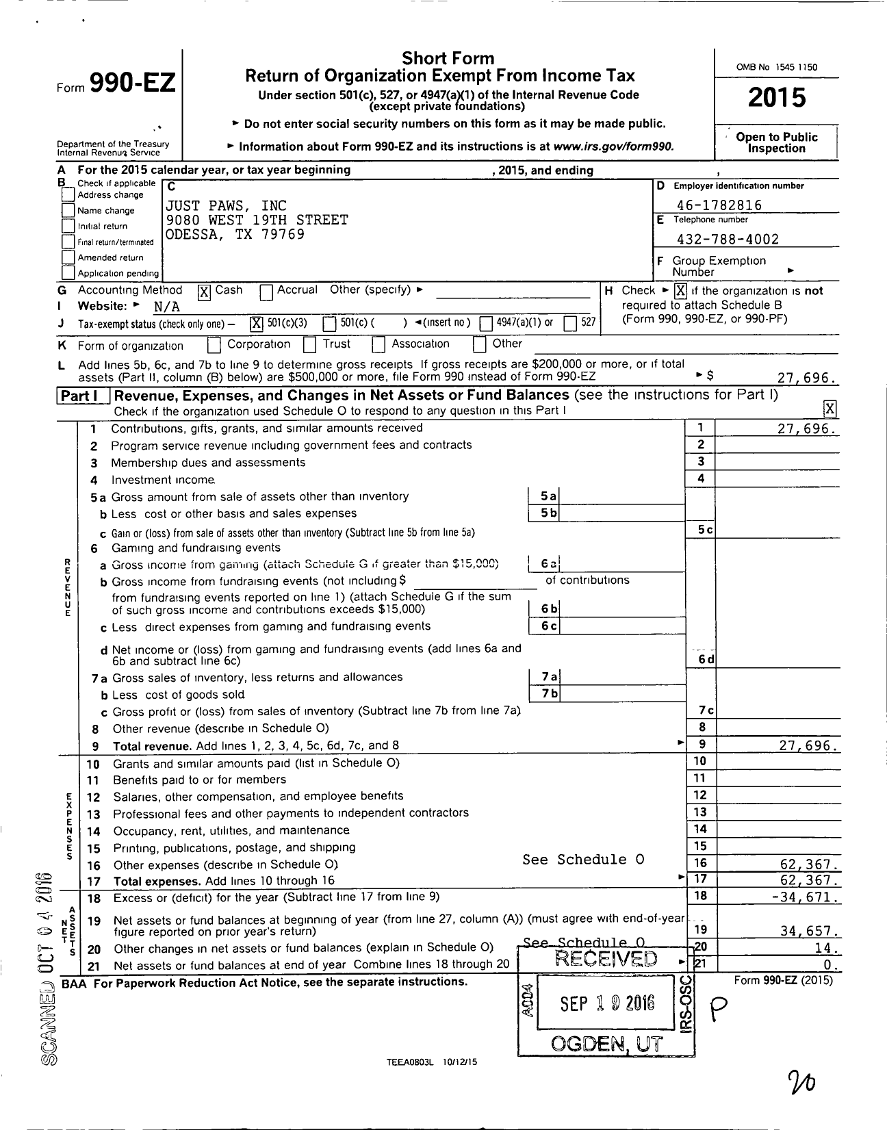 Image of first page of 2015 Form 990EZ for Just Paws