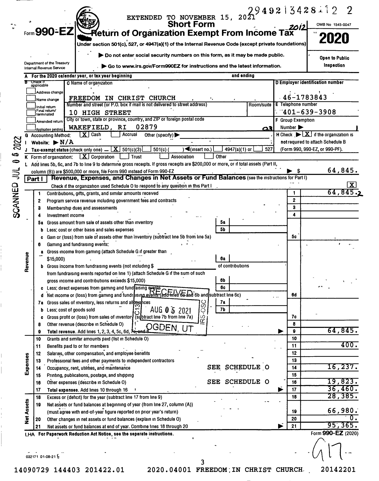 Image of first page of 2020 Form 990EZ for Freedom in Christ Church