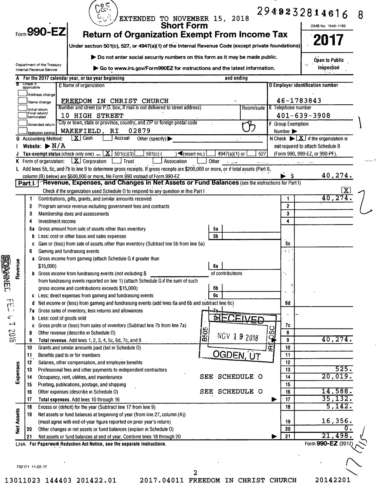 Image of first page of 2017 Form 990EZ for Freedom in Christ Church