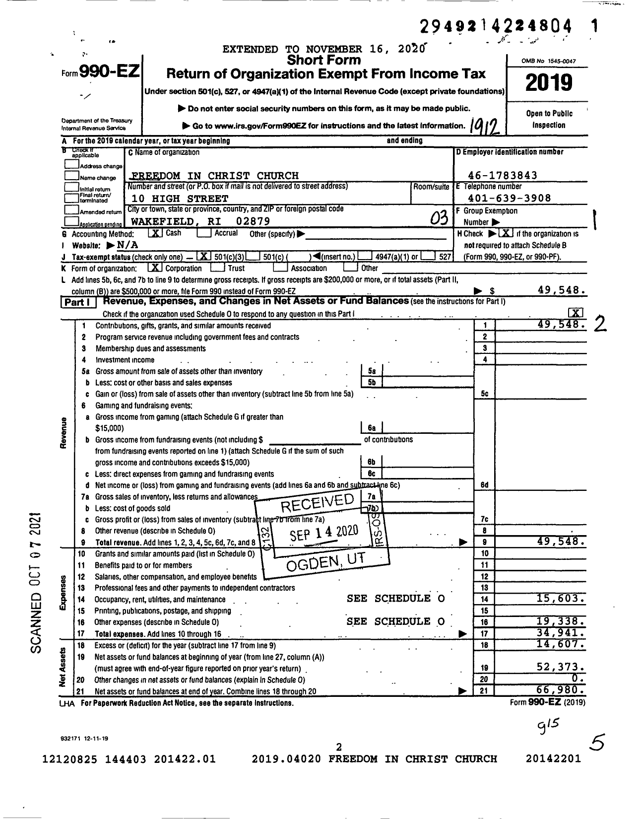 Image of first page of 2019 Form 990EZ for Freedom in Christ Church