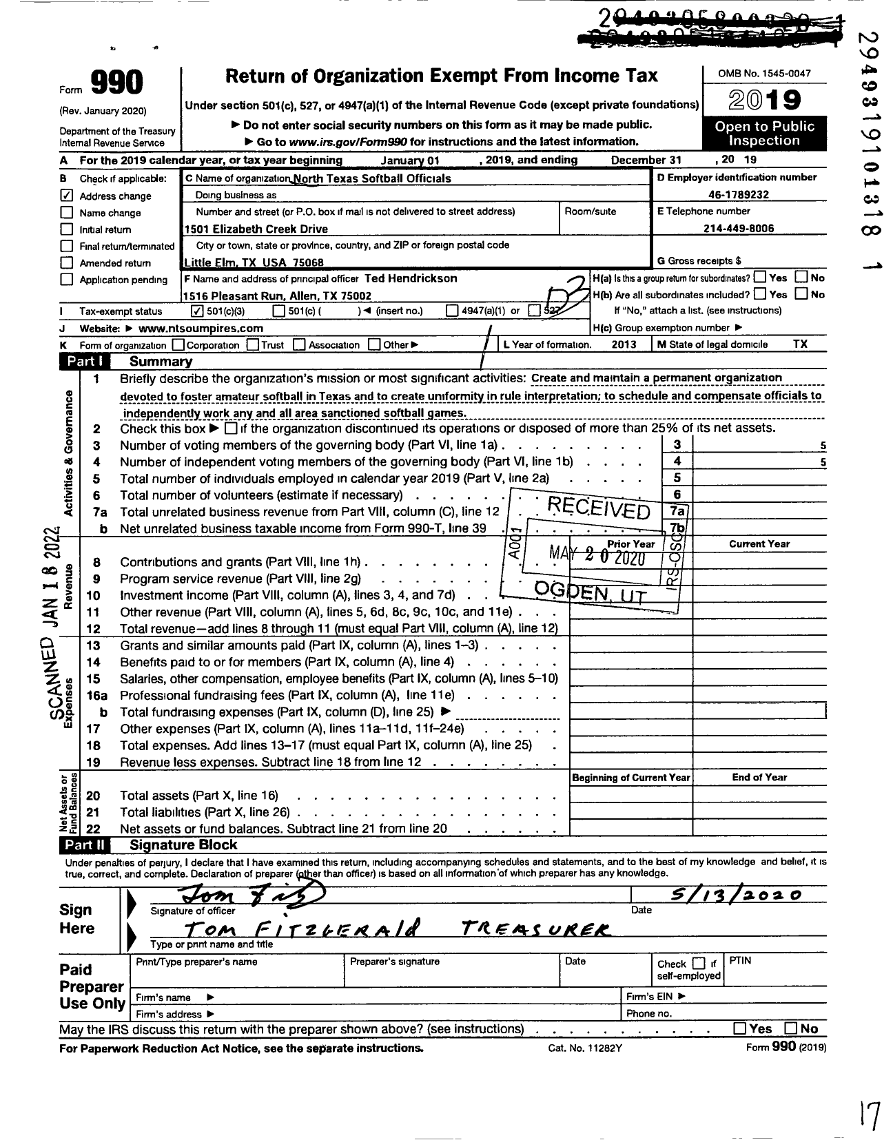 Image of first page of 2019 Form 990 for North Texas Softball Officials