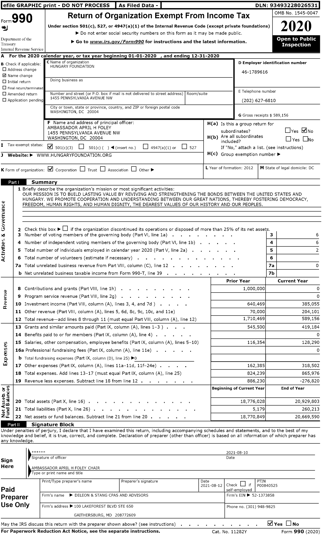 Image of first page of 2020 Form 990 for Hungary Foundation