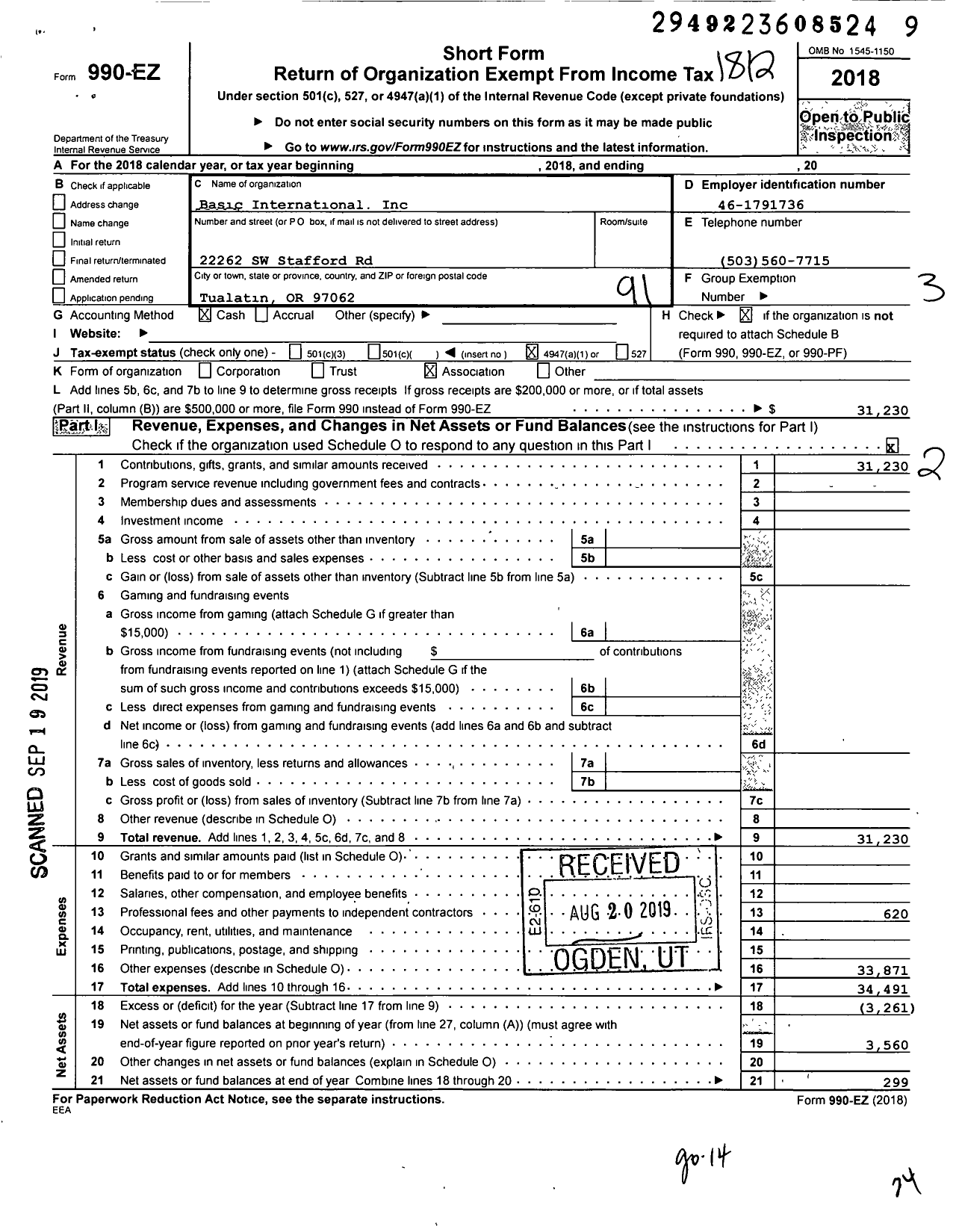 Image of first page of 2018 Form 990EO for Basic International