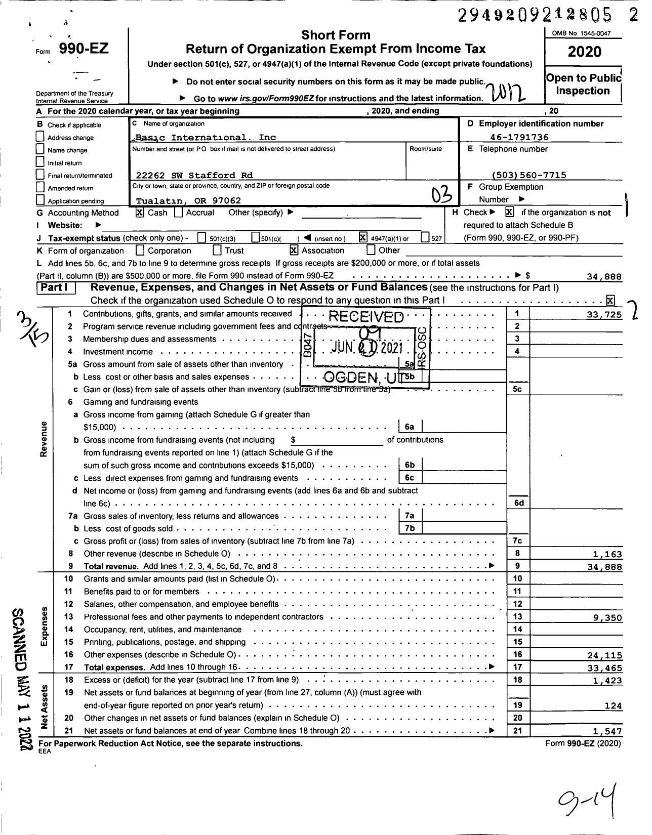 Image of first page of 2020 Form 990EZ for Basic International