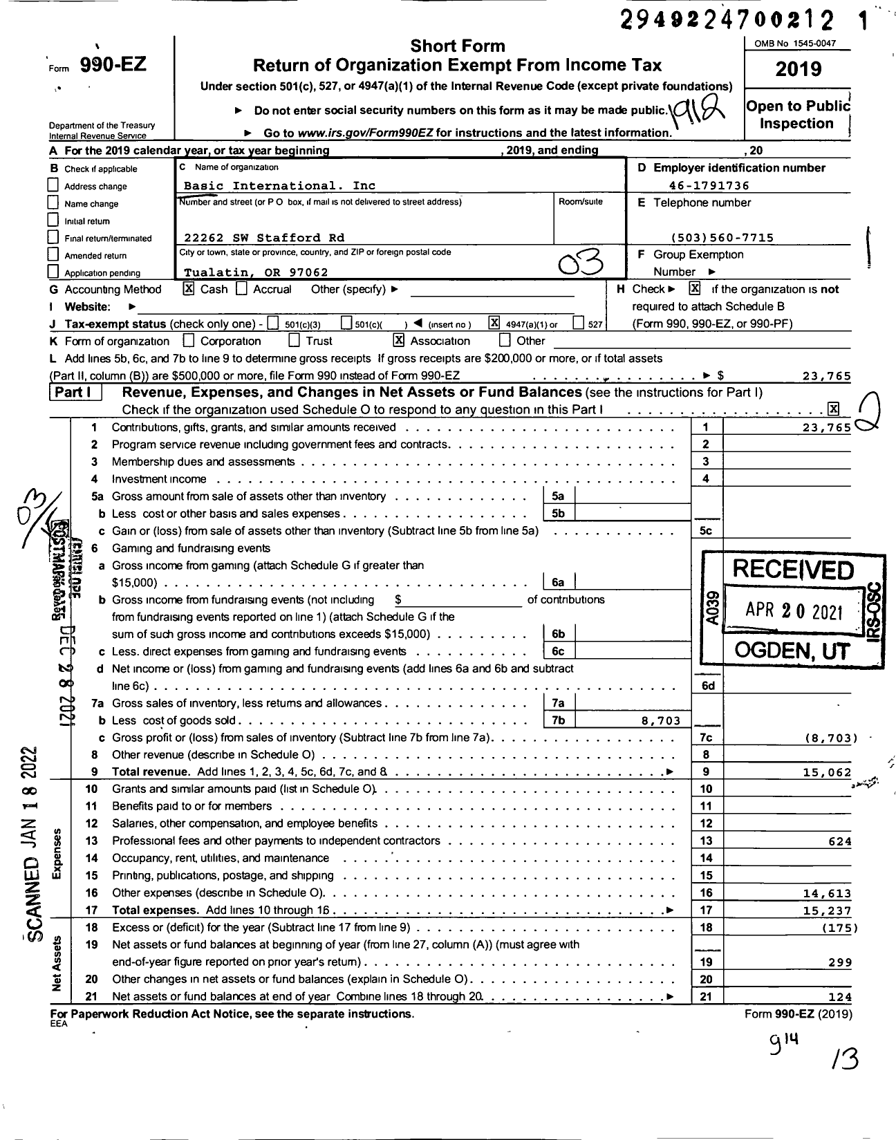 Image of first page of 2019 Form 990EZ for Basic International