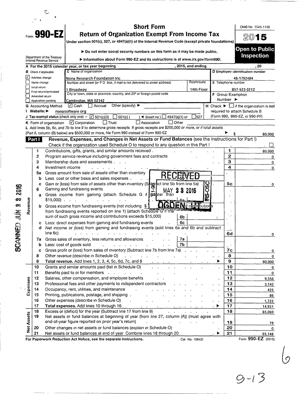 Image of first page of 2015 Form 990EZ for Nona Research Foundation