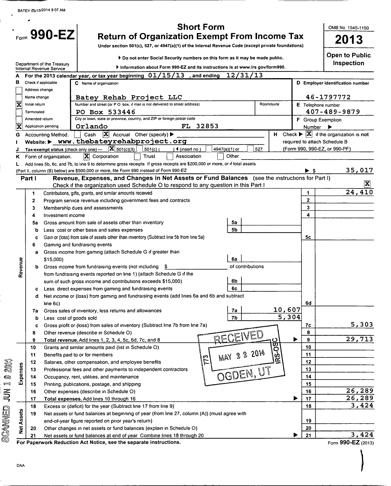 Image of first page of 2013 Form 990EZ for Batey Rehab Project