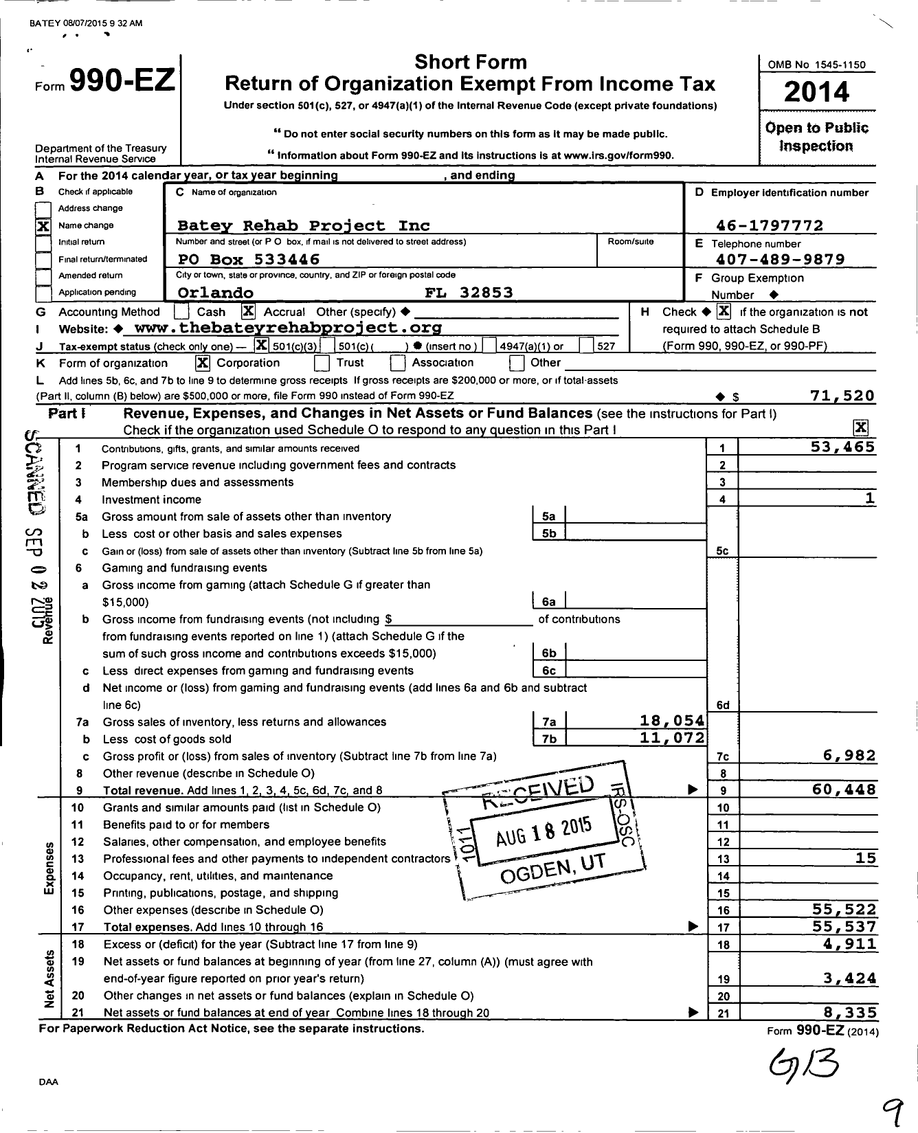 Image of first page of 2014 Form 990EZ for Batey Rehab Project