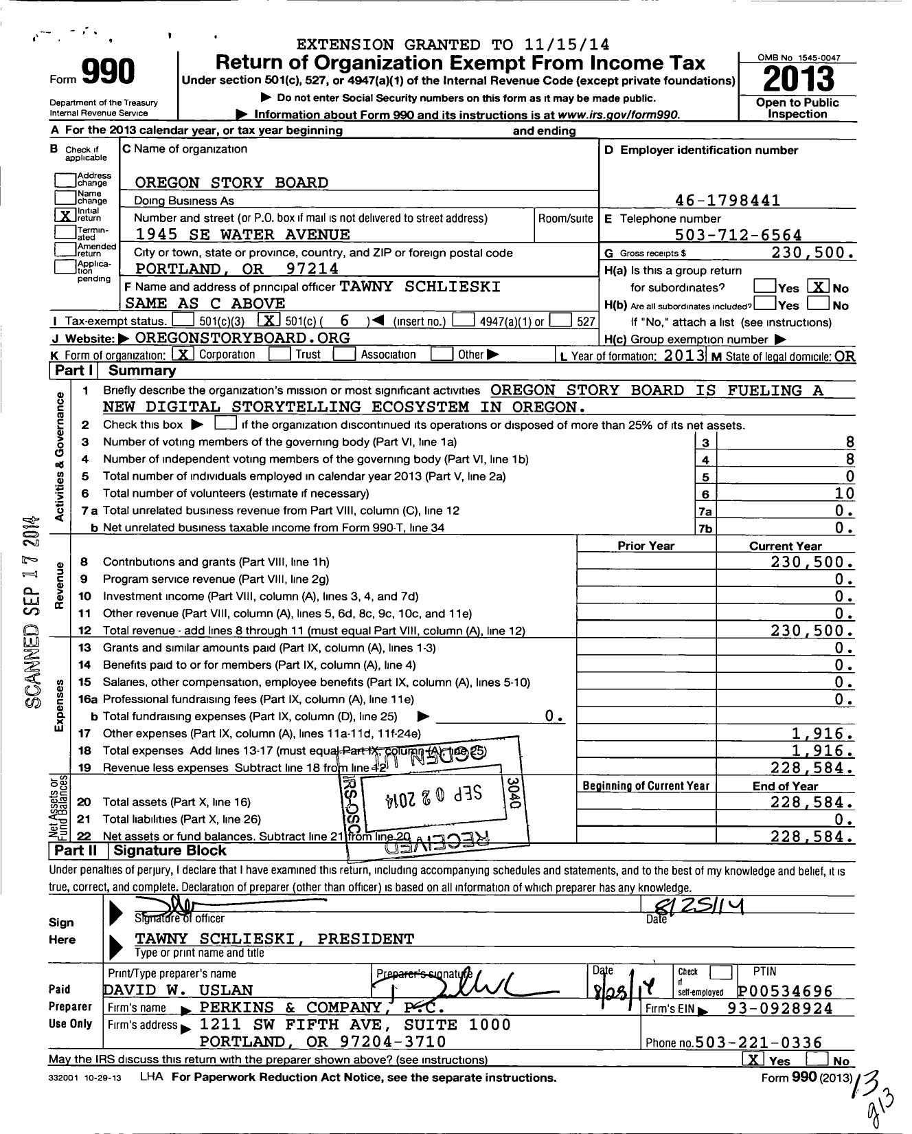 Image of first page of 2013 Form 990O for Oregon Story Board