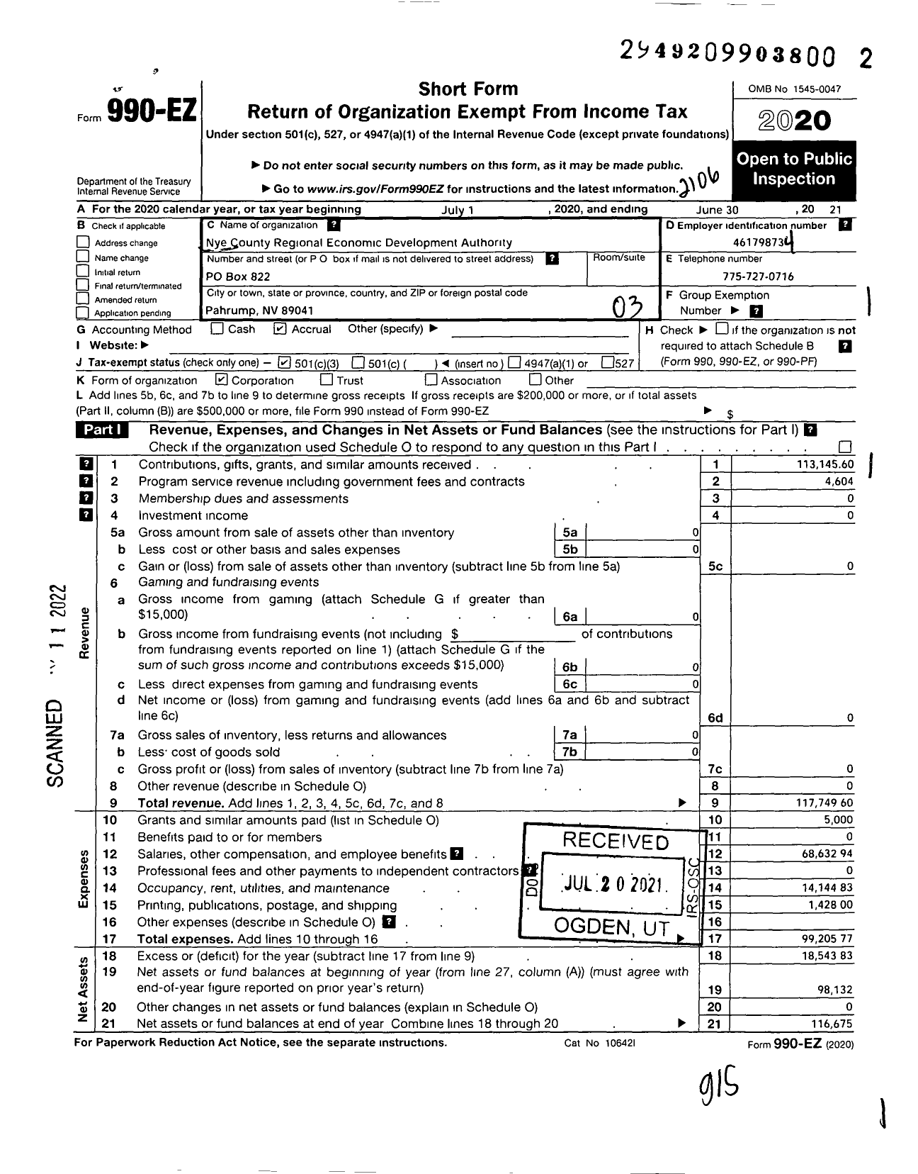 Image of first page of 2020 Form 990EZ for Nye County Regional Economic Devlp Authority