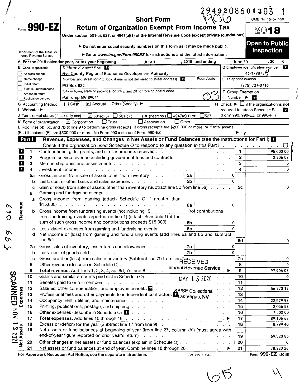 Image of first page of 2018 Form 990EZ for Nye County Regional Economic Devlp Authority