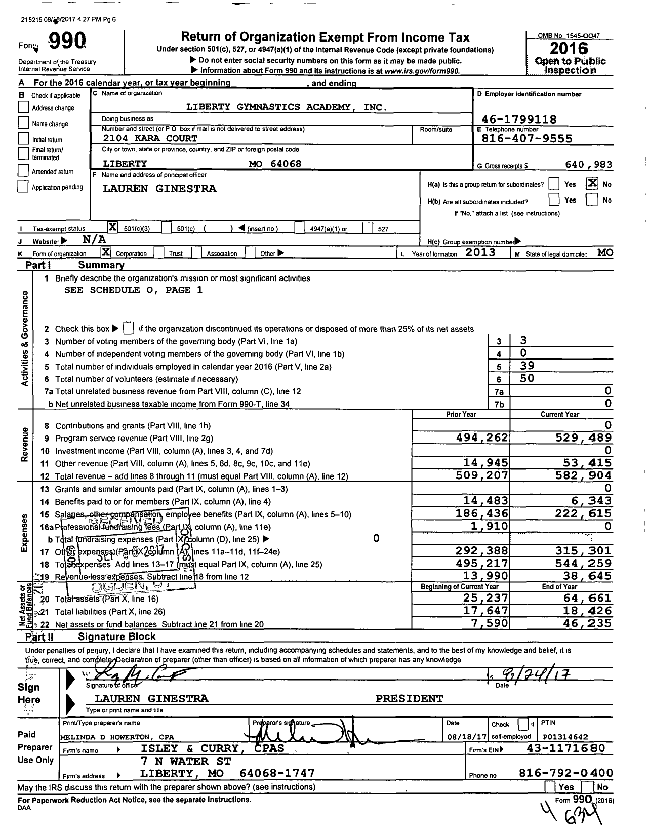 Image of first page of 2016 Form 990 for Liberty Gymnastics Academy