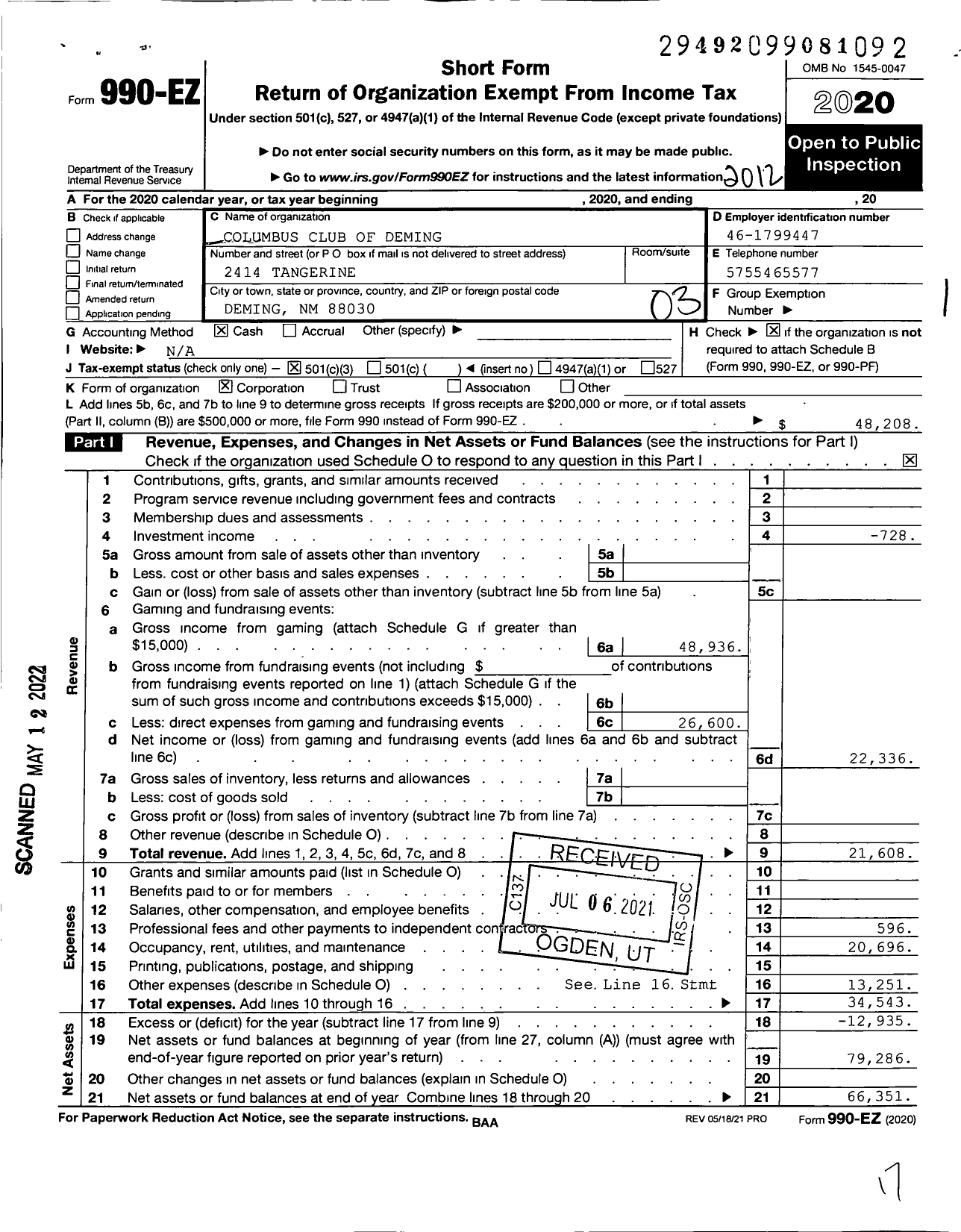 Image of first page of 2020 Form 990EZ for Columbus Club of Deming