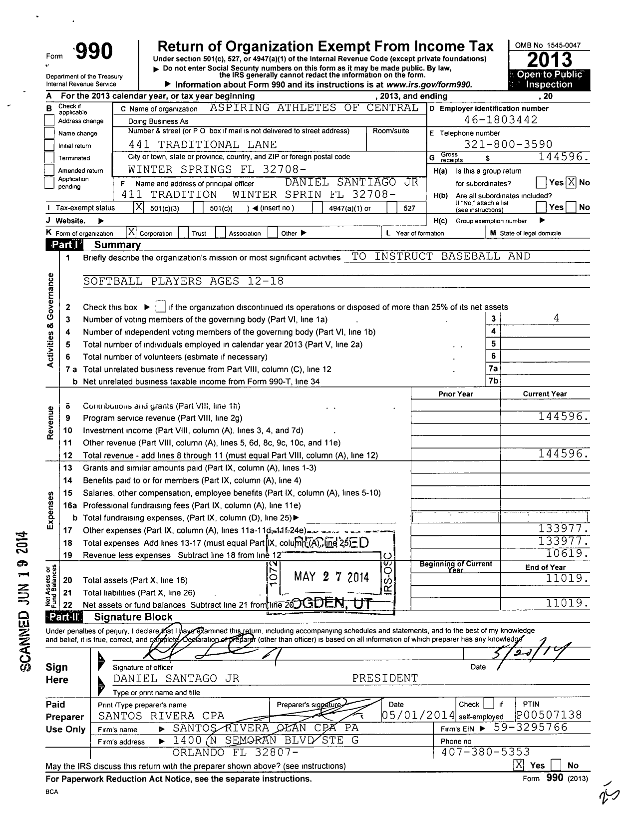 Image of first page of 2013 Form 990 for Aspiring Athletes of Central Florid