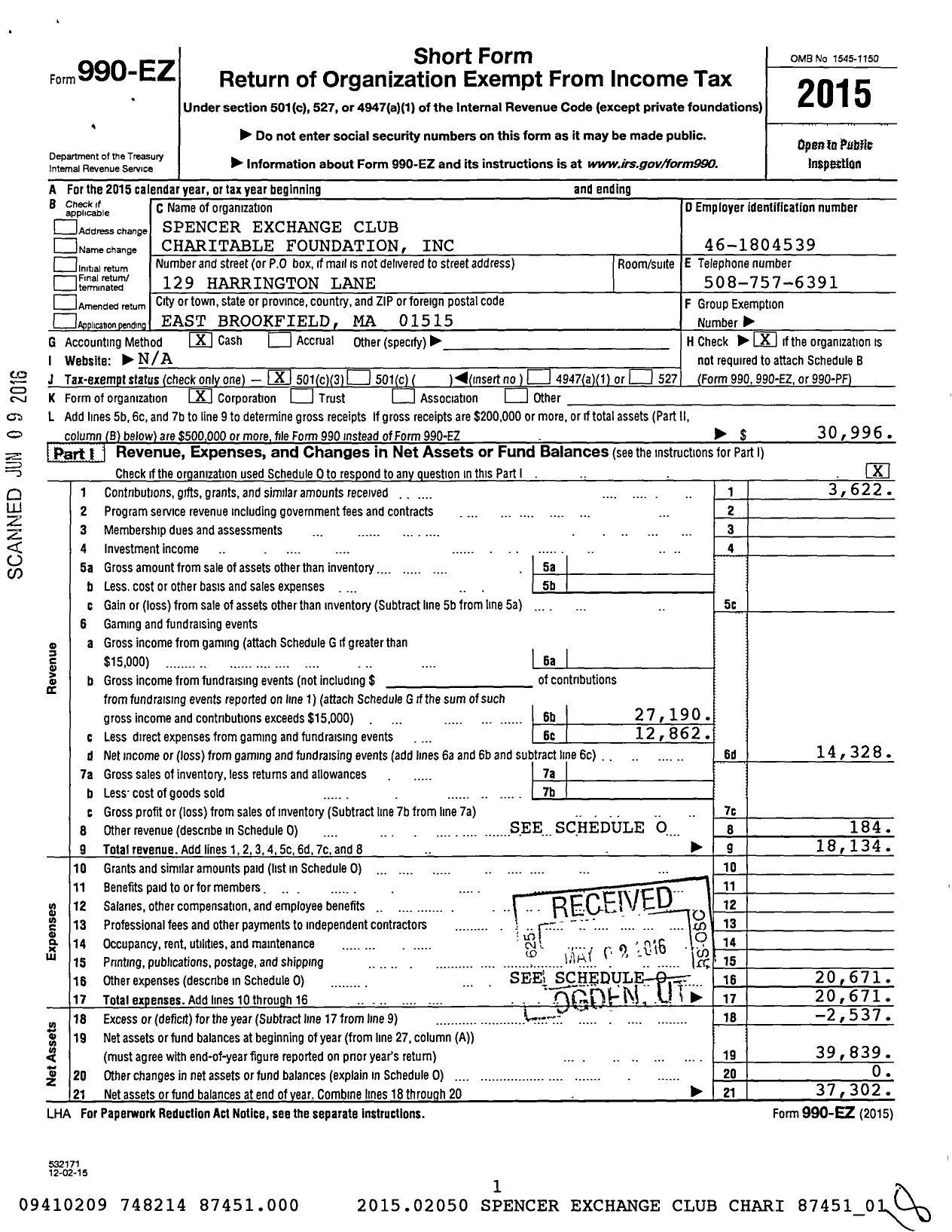 Image of first page of 2015 Form 990EZ for Spencer Exchange Club Charitable Foundation