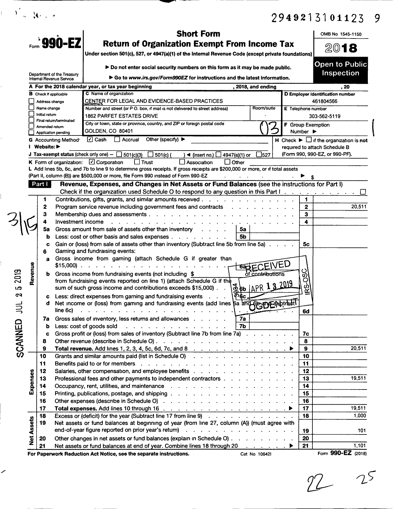 Image of first page of 2018 Form 990EZ for Center for Legal and Evidence-Based Practices